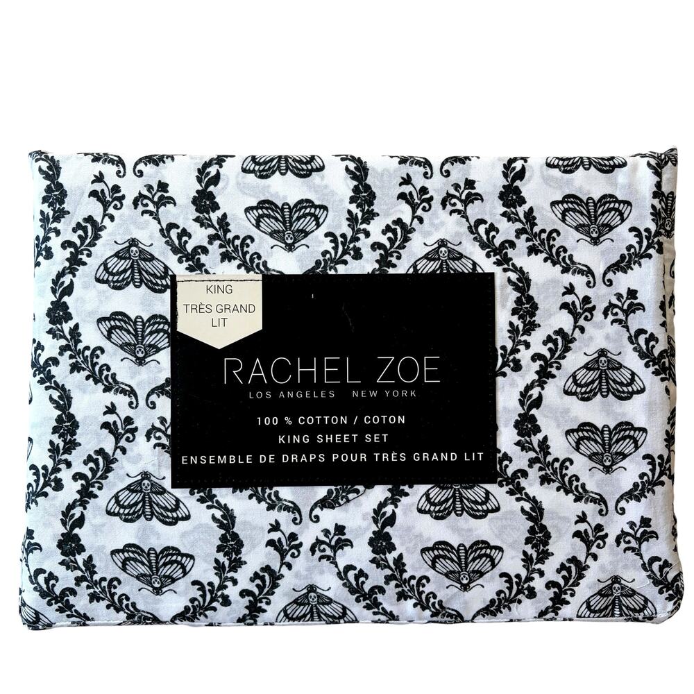 Rachel Zoe Moth Damask KING Sheet Set 4pc Black White 100% Cotton Halloween NEW